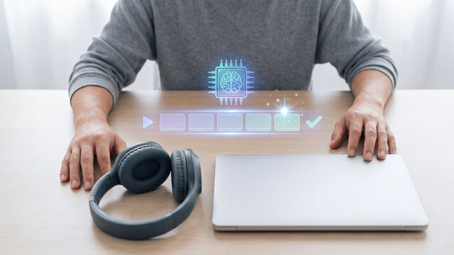 AI video generation and automated editing concept. Man with headphones and laptop, AI chip hologram with video timeline, play button and checkmark for smart content creation