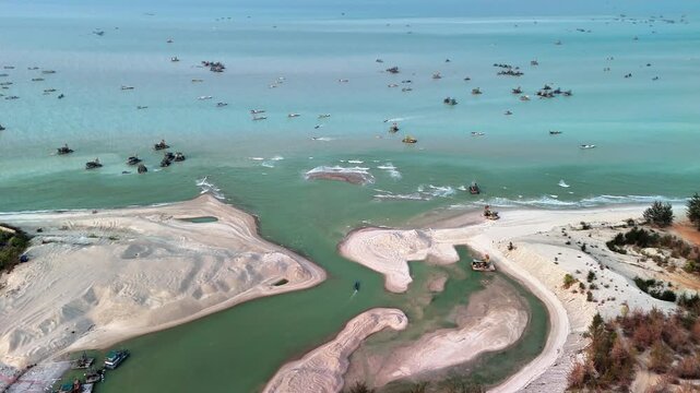 coastal mining landscape showing tin dredging operations, shrinking estuary waterways, and sediment transformation along shoreline areas