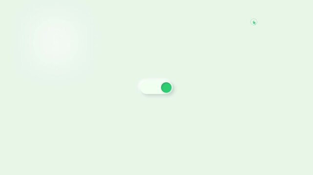 A dark mouse cursor clicks a white neumorphic toggle switch to turn it on with a green indicator on a soft light green background.