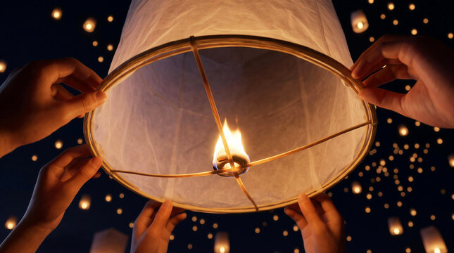 Low angle view of hands holding burning paper sky lantern together during Yi Peng festival
