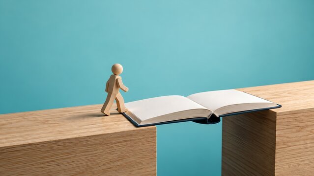 A wooden manikin walking across an open book used as a bridge between two wooden blocks, symbolizing how education and knowledge help overcome obstacles and bridge the gap to a successful future.