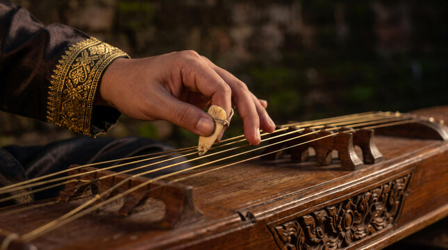 Close up of musician hands playing traditional Thai wooden stringed instrument with finger plectrum