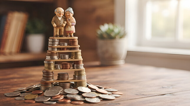 Wooden figurines of elderly couple standing on stacked coins