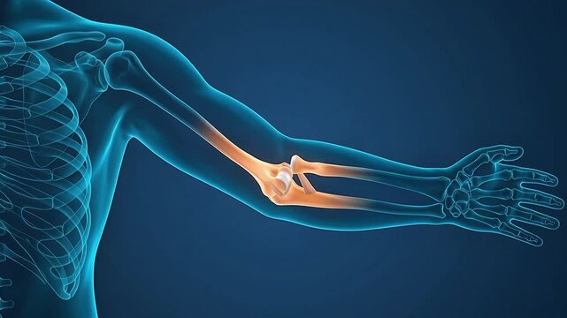 3D medical animation of a human skeleton showing highlighted pain or inflammation in the elbow joint
