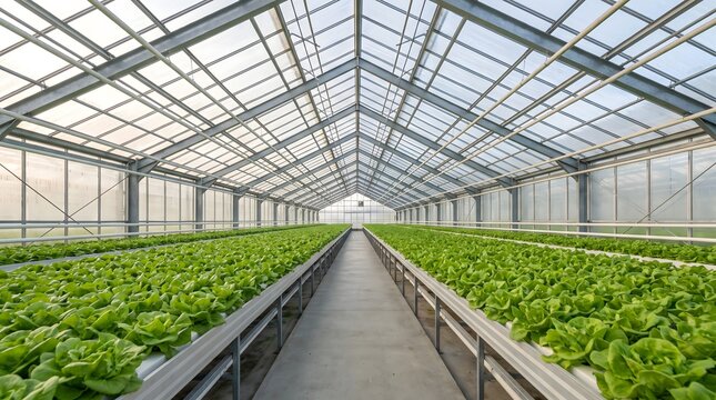 Lettuce plants grow in neat hydroponic rows inside a large modern glass greenhouse.