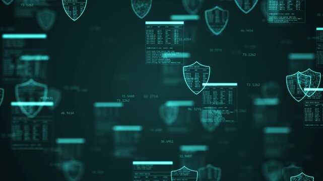 Futuristic digital cybersecurity concept with glowing shields and floating data streams. Abstract technology background showing secure network protection, encryption, and system defense monitoring