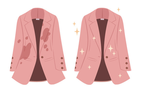 Cartoon dirty and clean jacket. Laundry apparel, wrinkled stained clothing become clean and fresh flat vector illustration. Jacket cleaning concept on white background