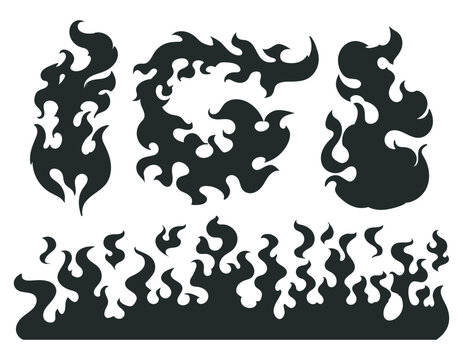 Flame silhouettes. Cartoon burning fire, sketched wildfire elements, fire burning silhouette flat vector illustrations set. Black flames silhouettes on white