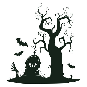 Halloween cemetery silhouette. Graveyard spooky silhouette, scary halloween decoration with tree and gravestone flat vector illustration. Cartoon Halloween landscape
