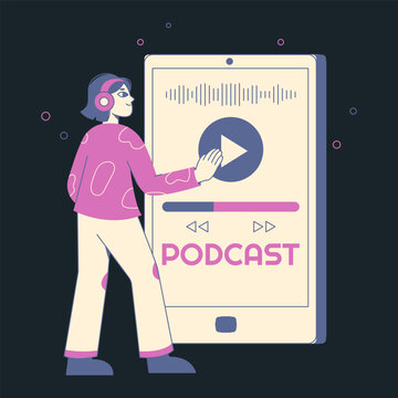 Radio podcast app. Person listening audio podcast, live broadcast record flat vector illustration. Podcast listening concept