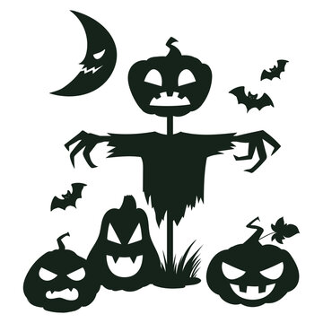 Pumpkin head scarecrow monster. Halloween garden scarecrow with carved jack-o-lanterns, spooky flat vector illustration. Cartoon scarecrow silhouette