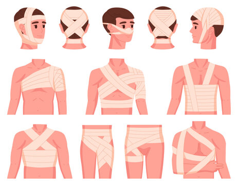 Injured bandaged body parts. Human head and torso emergency hospital treatment for wounds and bones fractures flat vector illustration set. Physical injury medical bandages