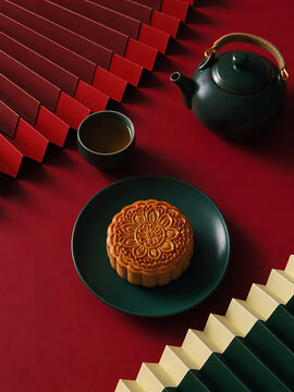 Delicious mooncake with hot tea ขนมไหว้พระจันทร์