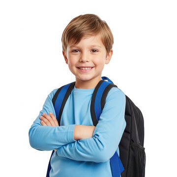 Happy young boy smiling while wearing a school backpack isolated on transparent background