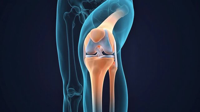 3D medical animation of the human knee joint showing the femur and tibia flexing for orthopedic and anatomical study