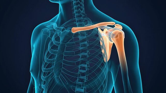 3D medical animation highlighting the human shoulder joint clavicle and scapula within a transparent torso skeleton