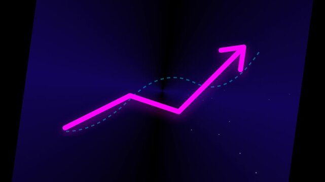 A bright magenta neon arrow points diagonally upward alongside a cyan dashed line against a dark blue background with light sweep effects.