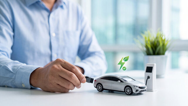 Electric car charging and green energy concept. Man plugging charger into EV model car at charging station with eco lightning leaf icon for clean transport and sustainable mobility