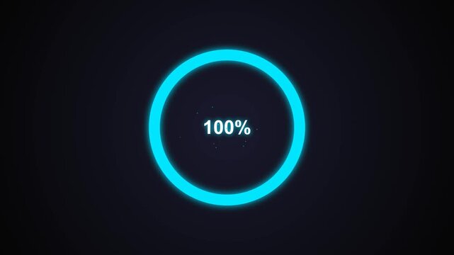 A bright cyan circular ring fills clockwise while a digital percentage counter in the center increases from zero to one hundred percent on a dark background.