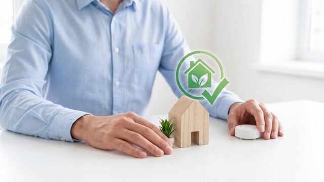 Energy efficient eco house and green home concept. Man with wooden house model, plant and smart thermostat, green house icon with checkmark for sustainable home and energy saving