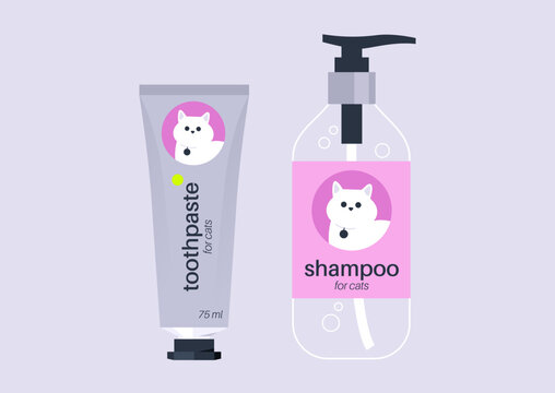 Brightly colored pet hygiene products are displayed, including a tube of toothpaste and a pump bottle of shampoo, perfect for keeping pets clean and fresh.