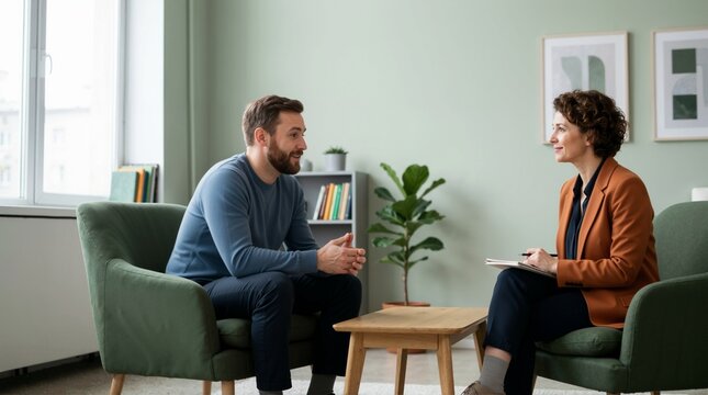 Man talking to female psychologist during therapy session. Patient discussing feelings with counselor in consultation office. Mental health and support concept