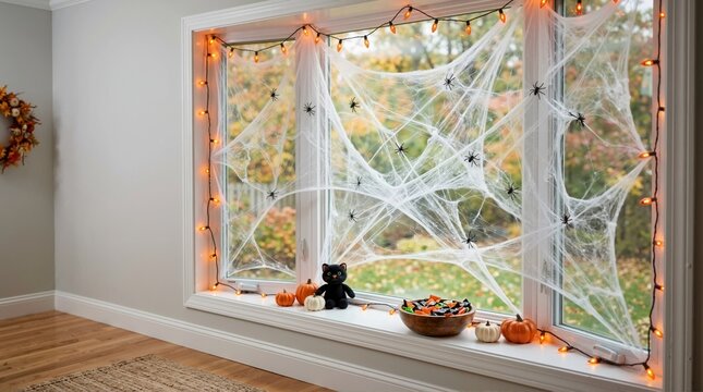 Halloween spiderweb decorations on interior window. Fake cobwebs with spiders, string lights, pumpkins, and candy bowl on window sill