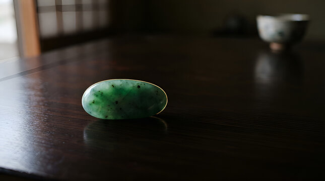 Polished green jade stone with natural veining rests on dark wooden surface