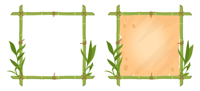 Bamboo jungle borders. Cartoon wooden exotic frames with bamboo leaves and parchment paper flat vector illustration set. Bamboo signs on white background