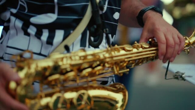 Confident Street Musician Holding Golden Saxophone Before Performance