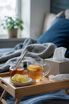 Steaming lemon tea with honey and tissue box on a wooden bed tray. Natural home remedy for cold, sore throat, and seasonal flu recovery
