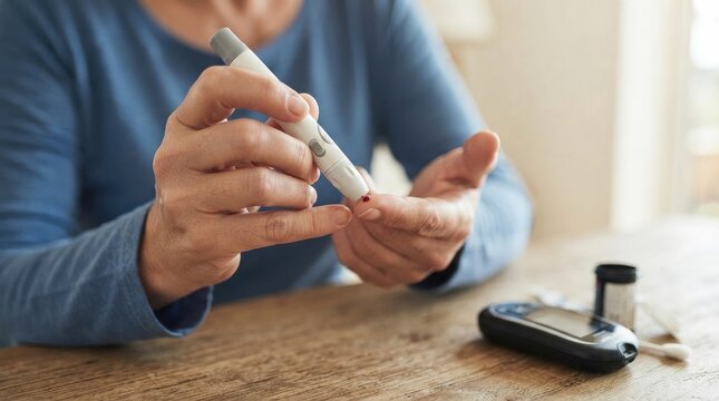 Person using a lancing device to prick their finger for a blood sugar test world diabetes day