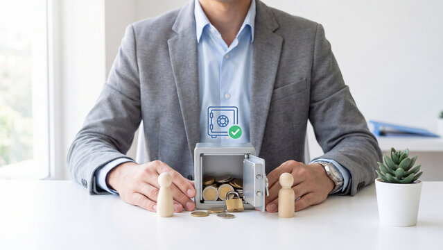 Money safe and savings protection concept. Businessman with open safe full of coins, padlock and wooden figures for family savings, escrow account and safe bank deposit