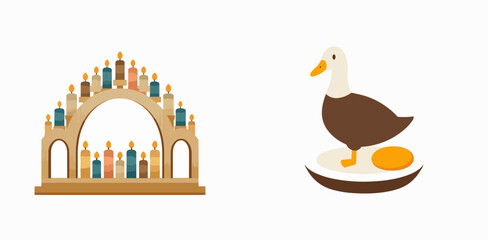 Fototapeta premium Cute duck holding bread near wooden Advent candle holder illustration