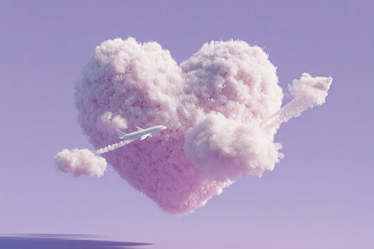 A cute, fluffy heart‑shaped cloud with a plane flying through it, like a piercing arrow in a pastel purple sky.