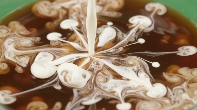 Fresh milk pouring into dark roasted morning coffee creates beautiful swirling patterns of brown and cream liquids mixing together in a ceramic cup during breakfast preparation time every single