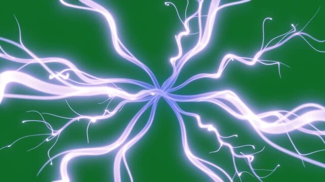 Glowing purple energy discharge sparking across a vibrant green screen canvas creating dynamic visual effects for digital multimedia productions science fiction concept art and futuristic