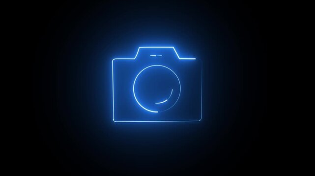 Glowing blue neon camera icon symbol on a dark black background