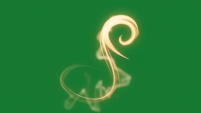 A luminous golden spiral trail dances gracefully through the air forming a mesmerizing curved shape that shines brightly against the vibrant green chroma screen during a creative visual