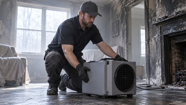 Restoration worker positions hydroxyl generator inside smoke damaged room