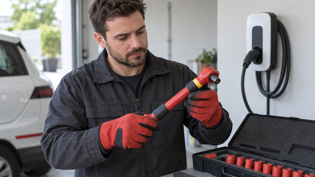 Electric vehicle technician prepares insulated torque wrench in clean garage