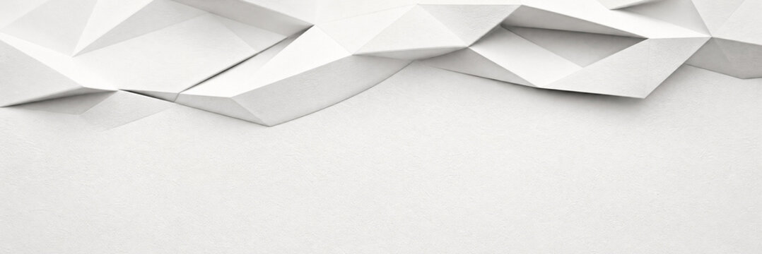 Minimalist white geometric background with 3D low poly paper textures. Abstract architectural relief with sharp triangular shapes and soft shadows. Modern clean aesthetic for web design.