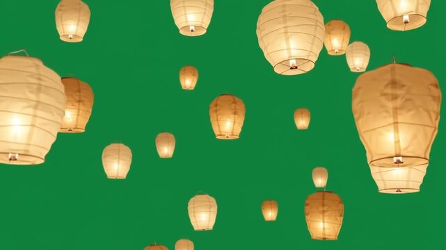 A vibrant assortment of glowing paper lanterns floating gracefully through the evening air creates a peaceful atmosphere for celebrations and festival gatherings throughout the night season