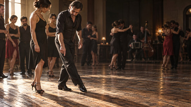 Tango instructor demonstrates precise footwork to student in elegant dance hall