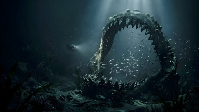 skeletal remains of a prehistoric Megalodon jawbone resting on the gloomy ocean floor