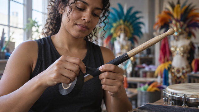 Percussionist wraps fresh tape around drumstick for Trinidad Carnival parade