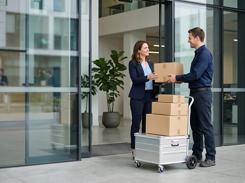 Professional delivery service courier hands package to satisfied customer outside office building