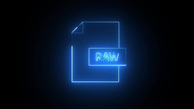 Glowing blue neon light icon of a raw file format document on a dark black background