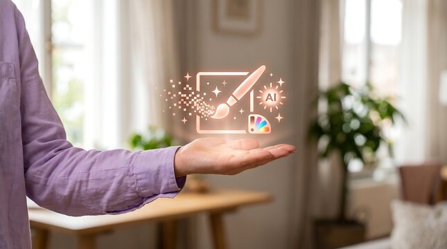 Hand holding glowing AI art creation icon