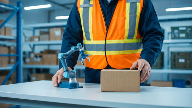 Warehouse robotic arm automation and logistics concept. Worker in safety vest with robot gripper and cardboard box in warehouse for smart packaging, fulfillment and supply chain